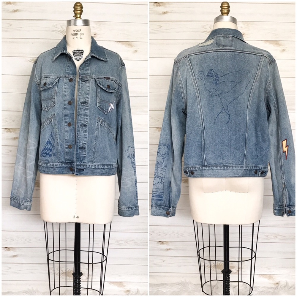 HOLLISTER Vintage Sanforized Denim Distressed Jacket Patches Drawings Unique